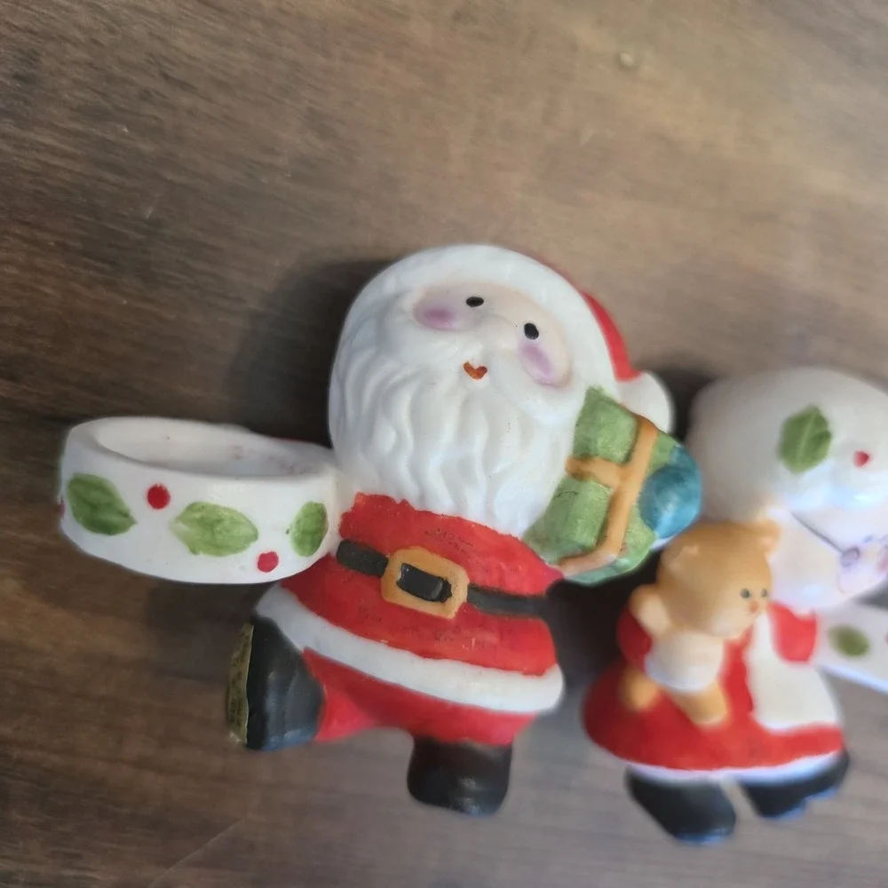 Christmas Candle Holders Santa Claus & Mrs. Claus Ceramic Holiday Decor 2.5